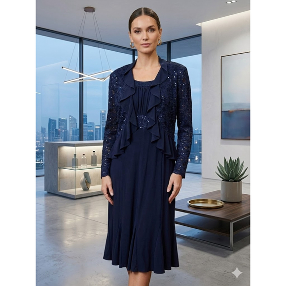 R&M Richards Navy Lace Sequin Dress Set Size 12 - cruiseboatoman.com